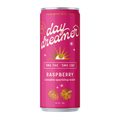 Pink can of 'day dreamer' raspberry cannabis sparkling water on a white background