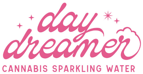 Logo for 'day dreamer' cannabis sparkling water in pink text on a white background