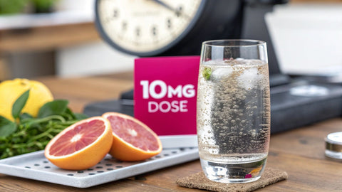 a glass of clear liquid on a wooden table next to sliced fruit and a pink sign reading '10mg dose'