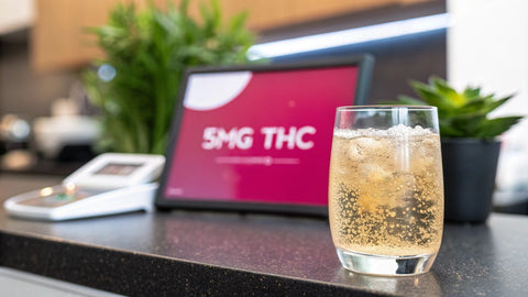 a glass of yellow liquid on a counter next to a tablet showing a pink screen that reads '5mg THC'