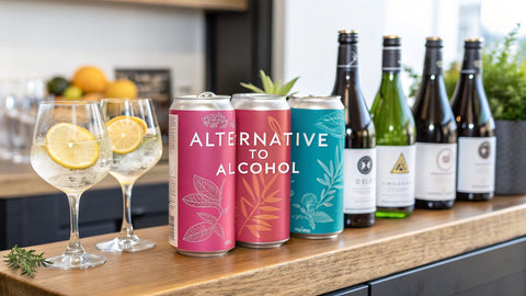 a line of seltzers, cocktails, and wine bottles with the text 'alternative to alcohol' in the foreground