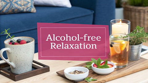 a pink text box reading 'alcohol-free relaxation' in front of a table with tea cups and herbs