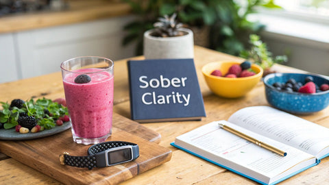 a table with fruits in bowls and a smoothy