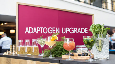 a commercial bar with scattered drinks and glasses in front of a pink sign reading 'adaptogen upgrade'