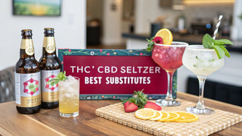 a bundle of cocktail glasses and glass bottles on a wooden serving tray with a sign reading 'thc cbd seltzer best substitutes'