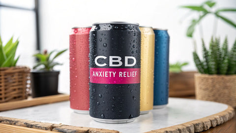 a group of colorful cans with the text 'CBD anxiety relief' as their label