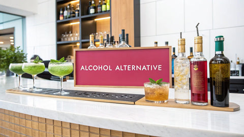 a commercial grade bar with a pink sign reading 'alcohol alternative'