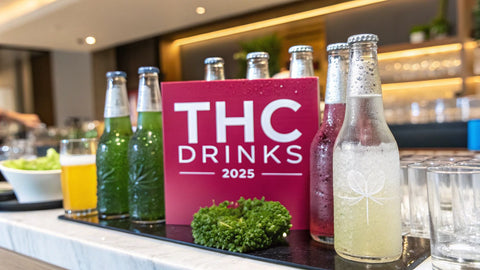 a bar top with various glass bottles of colored liquid and a pink sign reading 'THC Drinks'