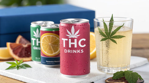A pink soda can reading 'THC drinks' next to a glass of yellow liquid with a cannabis leaf floating in it