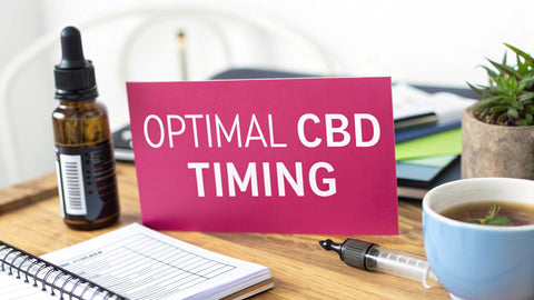 a pink sign next to a tincture reading 'optimal CBD timing'