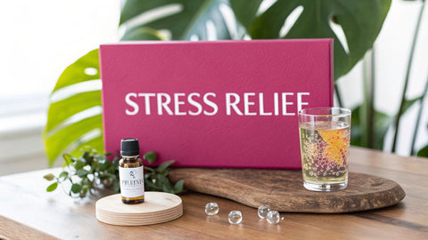 a pink sign reading 'stress relief' with a glass of CBD liquid in the foreground on a wooden table