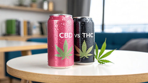 a black can and a pink can with THC leaves depicted on the branding and the text 'CBD vs THC'