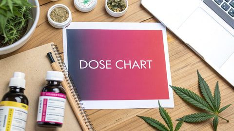 a gradient paper on a wooden table next to hemp leaves that reads 'dose chart'