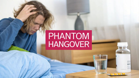 a man with long hair getting out of bed and reaching for his head with a pink text box reading 'phantom hangover' in the background