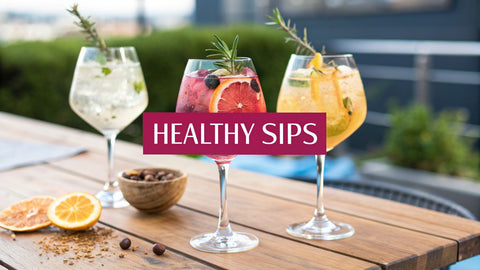three wine glasses of juice with a pink text box reaidng "Healthy Sips"
