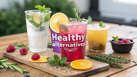 multiple cups of fruit juice next to sliced fruit