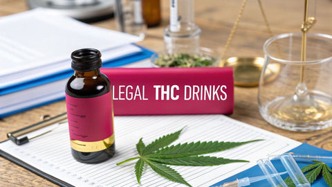 a tincture and cannabis leaf on a piece of paper with a pink sign in the background reading 'Legal THC Drinks'