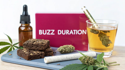 THC brownies, beer, and cannabis bud on a table next to a pink sign reading 'buzz duration'