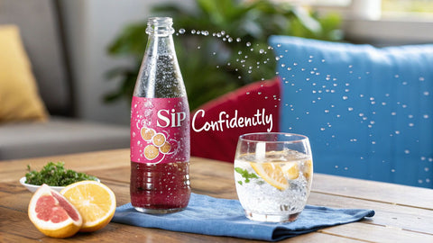 a bottle of pink liquid and a glass of clear liquid next to sliced fruit on a wooden table