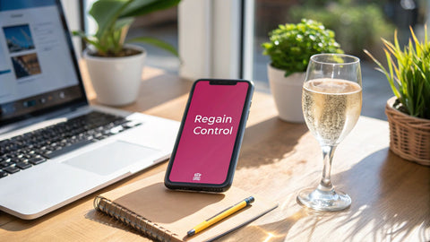a phone showing 'regain control' on a pink screen and sitting on a wooden desk next to a glass of sparkling gold liquid