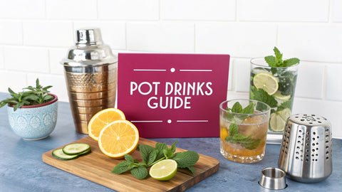 a kitchen counter top with sliced fruit and cups of cold liquid next to a pink sign reading 'pot drinks guide'