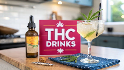 a cocktail and THC syrup in the foreground with a pink sign reading 'THC drinks' in the background