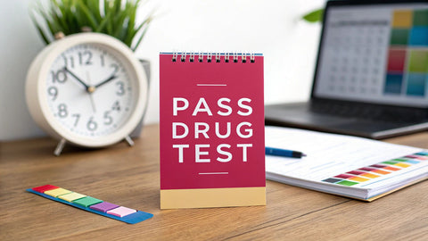 a pink sign on a desk next to a clock reading 'pass drug test'