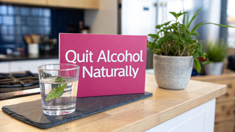 a wooden counter with a pink sign reading 'quit alcohol naturally' next to a potted plant
