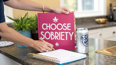 a pink sign reading 'Choose Sobriety' on a counter with a notebook