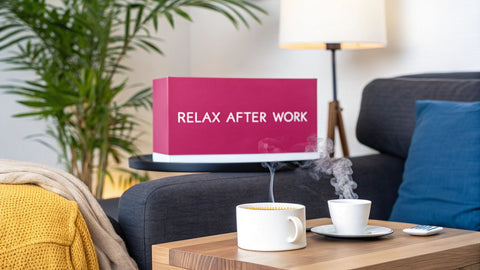 a coffee table with a steaming cup of hot liquid and a pink box in the background reading 'relax after work'