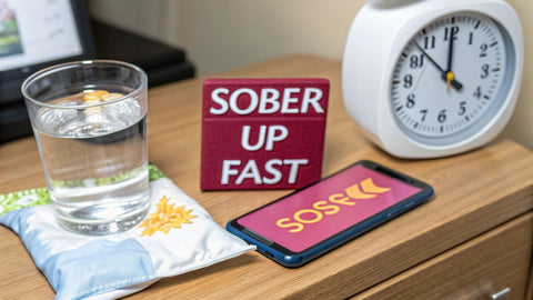 an alarm clock, glass of water, and pink sign on a nightstand reading 'sober up fast'