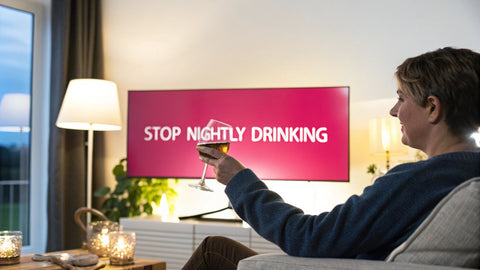 a woman sipping on a wine glass next to a pink tv screen reading 'stop nightly drinking'