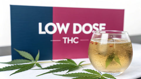 a thc cocktail next to cannabis leaves with a 'low dose thc' sign in the background