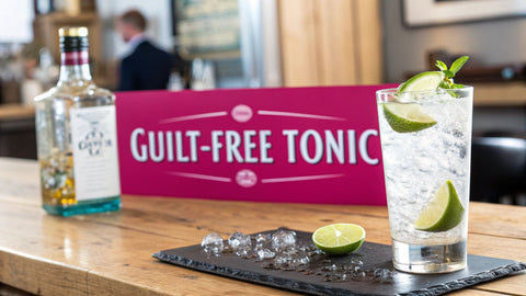 a glass of clear liquid with limes on a wooden bar next to a pink sign reading 'guilt-free tonic'