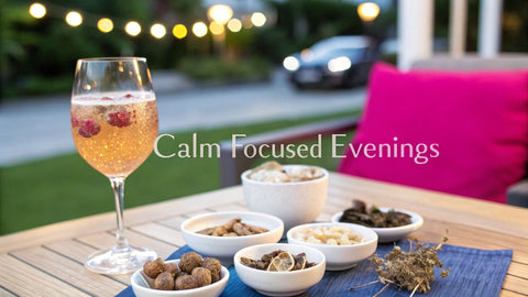 an outdoor wooden table full of snacks and a wine glass of orange liquid with the text 'calm focused evenings' in the background