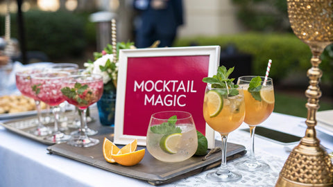 a table with various cocktails next to a pink sign reading 'mocktail magic'