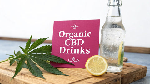 a wooden block with a hemp leaf and a pink sign reading 'organic CBD drinks'
