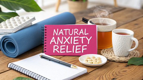 a pink sign on a wooden desk next to a notepad that reads 'natural anxiety relief'