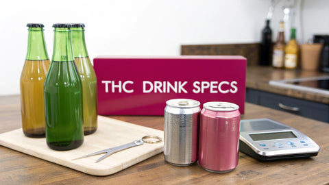 a table with various bottles and cans next to a pink sign reading 'THC Drink Specs'