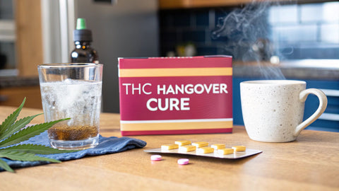 a pink sign on a table next to a cup of steaming liquid reading 'THC Hangover Cure'