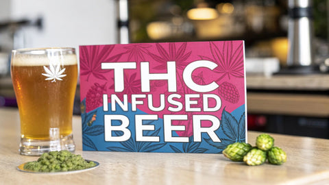 a glass of cold beer with a THC logo on the glass and a sign next to it reading 'thc infused beer'