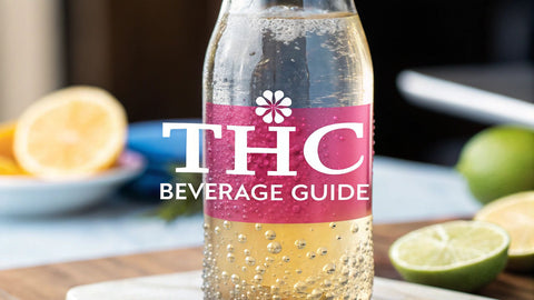 a glass bottle with yellow liquid inside and a pink label reading 'thc beverage guide' - sliced limes and lemons are depicted in a blurry background