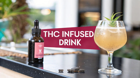 a bar with a THC syrup and cocktail with a pink sign reading 'THC infused drink' in the background