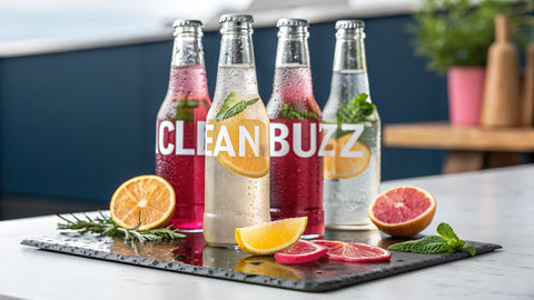 multiple glass bottles with the text 'clean buzz' across the front