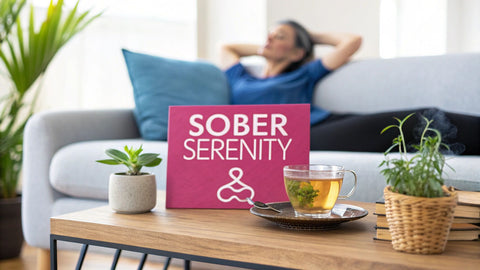 a pink sign on a wooden coffee table reading 'sober serenity' next to plants and someone relaxing on a couch in the background