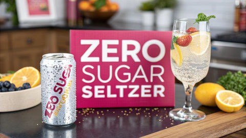 a pink sign reading 'zero sugar seltzer' with a glass of clear liquid and white can of liquid on a wooden bar top