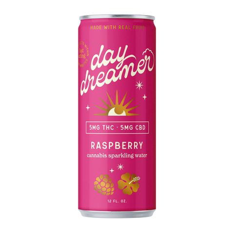 Pink can of 'day dreamer' raspberry cannabis sparkling water on a white background