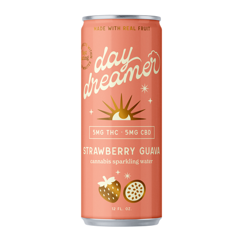 Cannabis sparkling water can labeled 'day dreamer' with strawberry guava flavor on a white background.