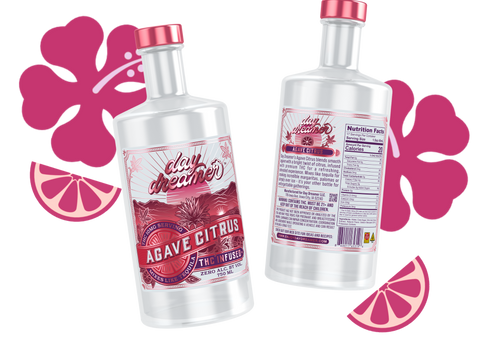 Two bottles of Agave Citrus with pink labels and decorative elements on a white background