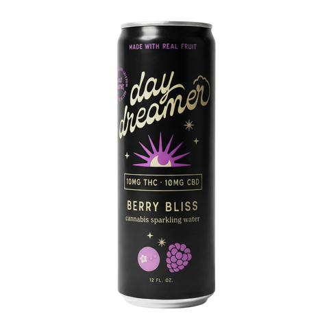 A black and purple can of Day Dreamer Berry Bliss THC sparkling water